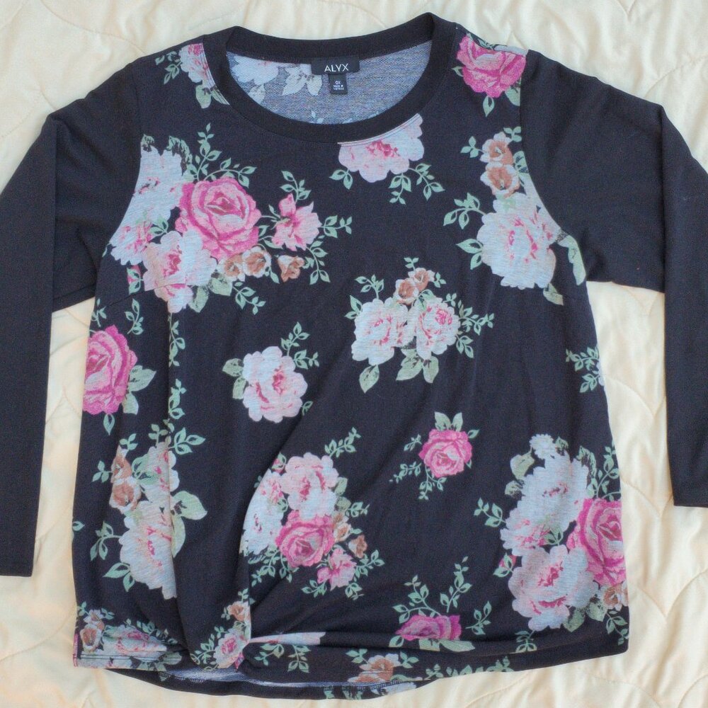 Alyx 3/4 sleeve blouse shirt top floral rose 0x black